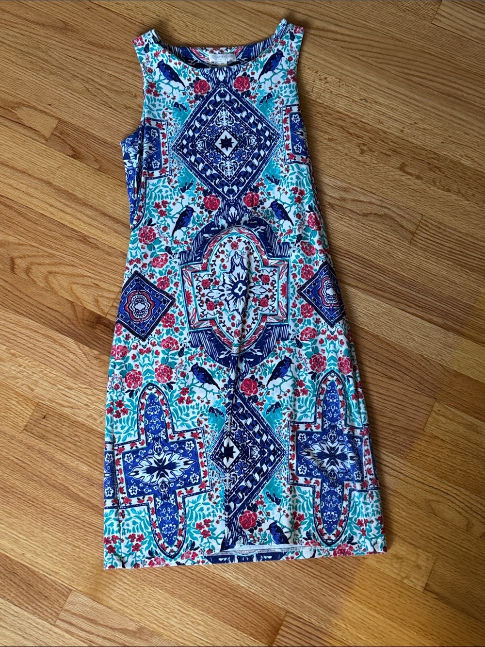 Charter Club Floral Geo Print Sleeveless Dress in Aqua, Navy & Coral